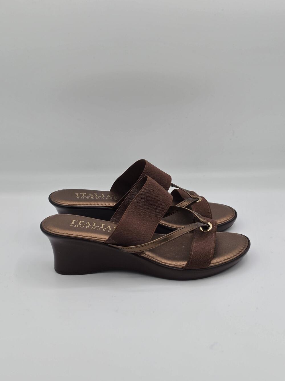 Italian Shoemakers Womens 7 Brown Bronze Wedge Sandals Stretch Strappy Italy